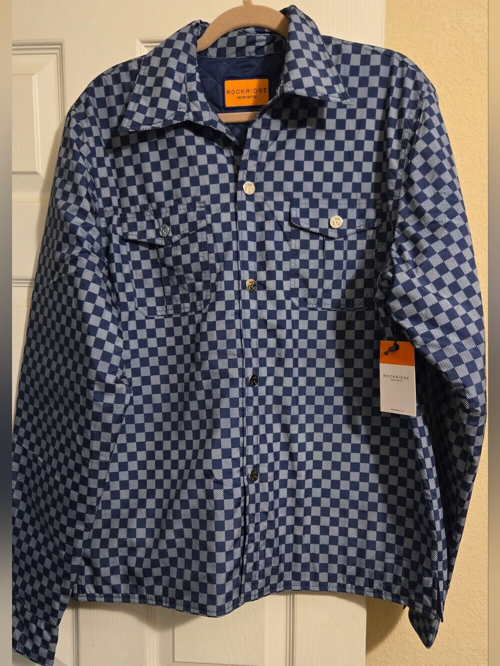 New! Checkered Jacket Rockridge Never Settle Navy & White Light Quilted Jacket L